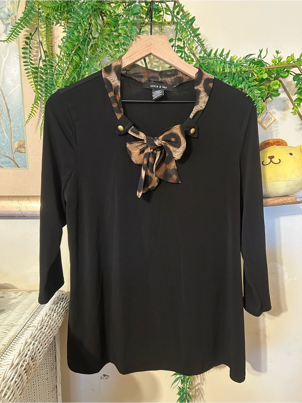 Adele & Alma Black Blouse with Leopard Tie Neck